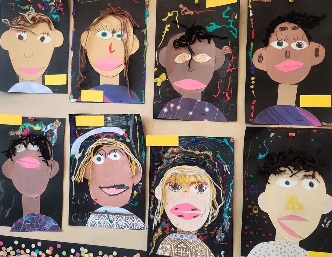 Collage self-portraits of kindergarteners